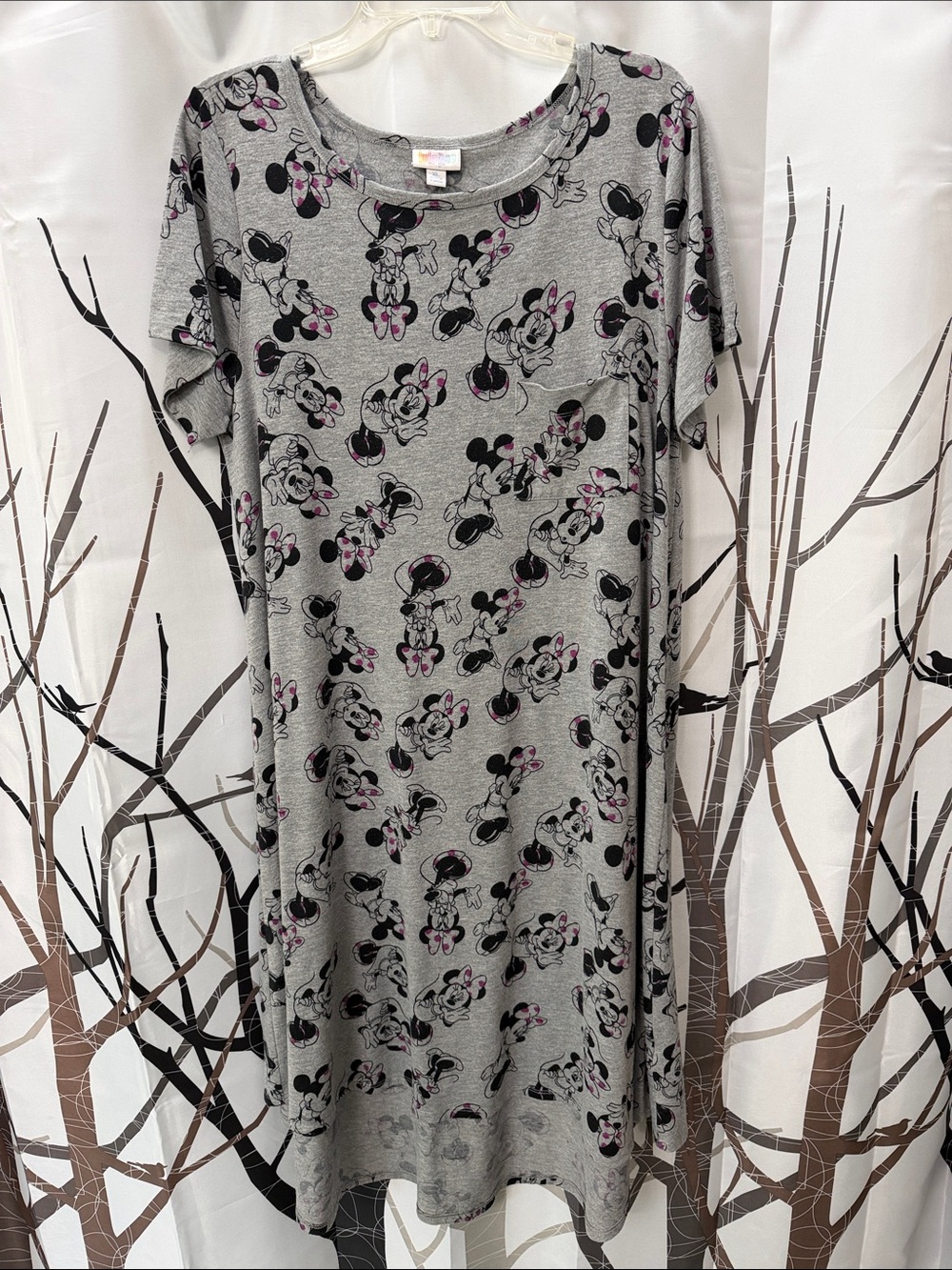 LuLaRoe Gray Minnie Mouse Midi Dress with Pink Accents